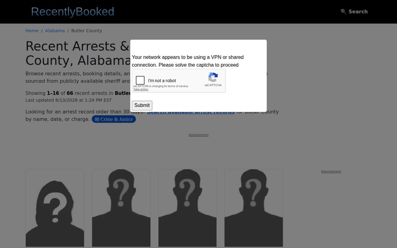 Unofficial Butler County mugshot and recent arrest section interface